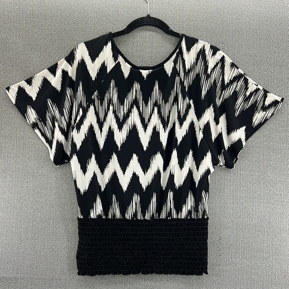 Vintage Agenda Black/White Geometric Print Elastic Waist‎ Blouse Made In USA M - Picture 7 of 7